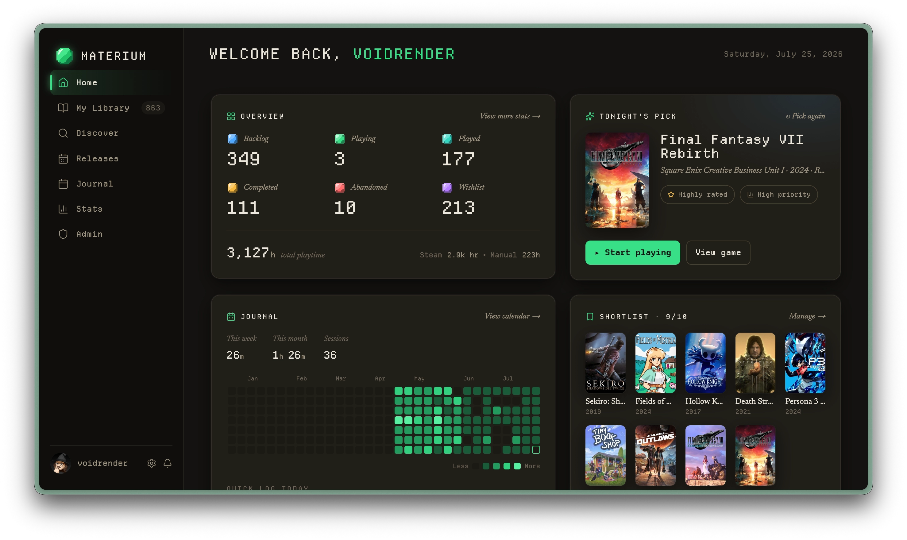 The Materium dashboard, showing collection stats, Tonight's Pick, a play journal heatmap, and a shortlist of games.